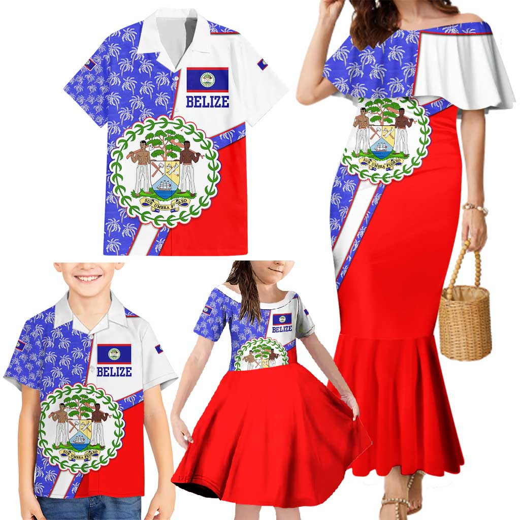 Belize Coat of Arms Family Matching Mermaid Dress and Hawaiian Shirt with Palm Pattern and Split Red Blue Design
