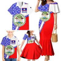 Belize Coat of Arms Family Matching Mermaid Dress and Hawaiian Shirt with Palm Pattern and Split Red Blue Design
