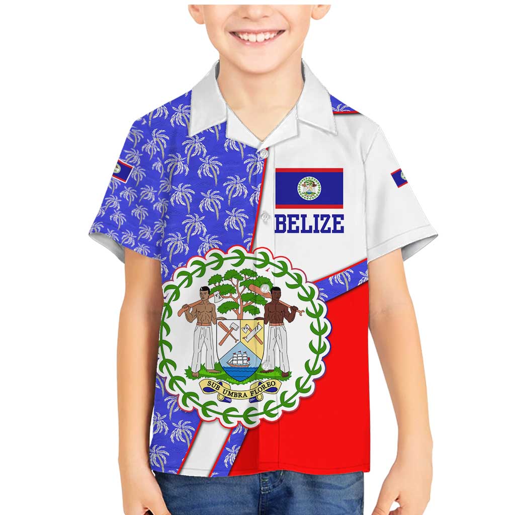 Belize Coat of Arms Family Matching Mermaid Dress and Hawaiian Shirt with Palm Pattern and Split Red Blue Design
