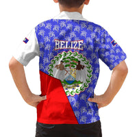 Belize Coat of Arms Family Matching Off The Shoulder Long Sleeve Dress and Hawaiian Shirt with Palm Pattern and Split Red Blue Design