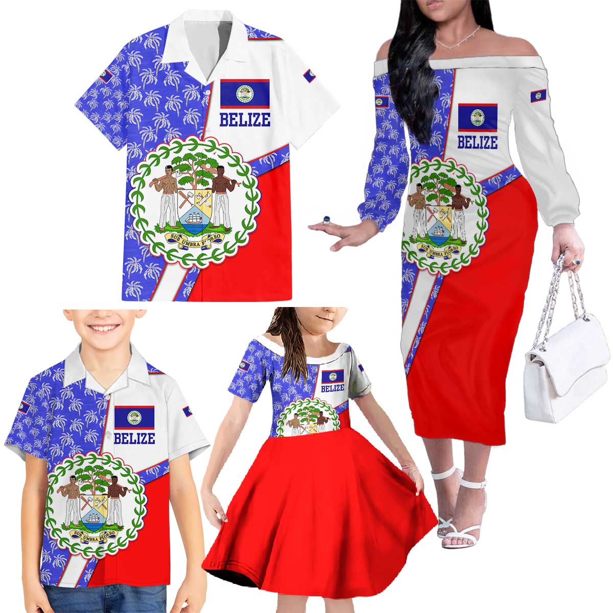 Belize Coat of Arms Family Matching Off The Shoulder Long Sleeve Dress and Hawaiian Shirt with Palm Pattern and Split Red Blue Design