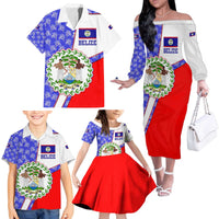 Belize Coat of Arms Family Matching Off The Shoulder Long Sleeve Dress and Hawaiian Shirt with Palm Pattern and Split Red Blue Design