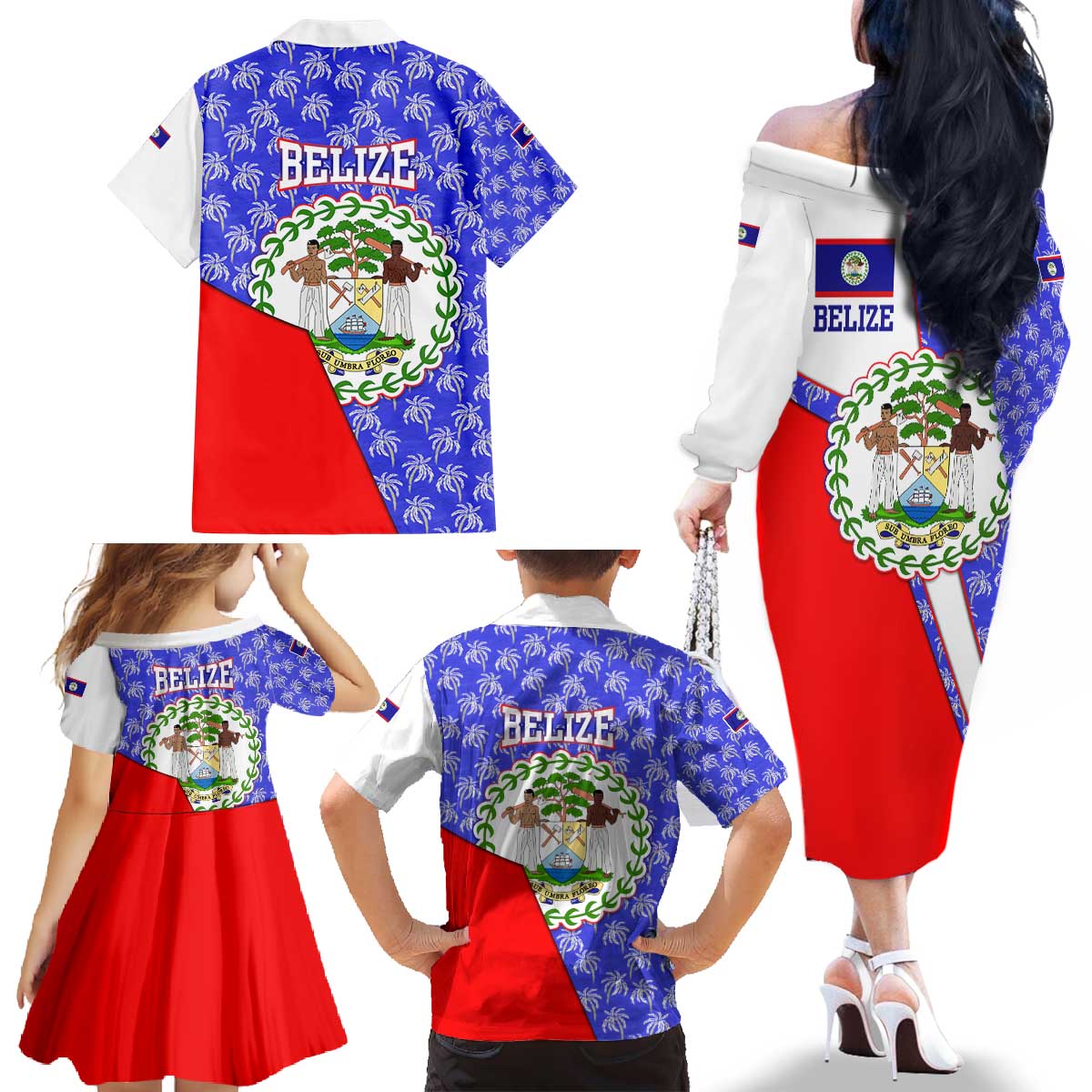 Belize Coat of Arms Family Matching Off The Shoulder Long Sleeve Dress and Hawaiian Shirt with Palm Pattern and Split Red Blue Design
