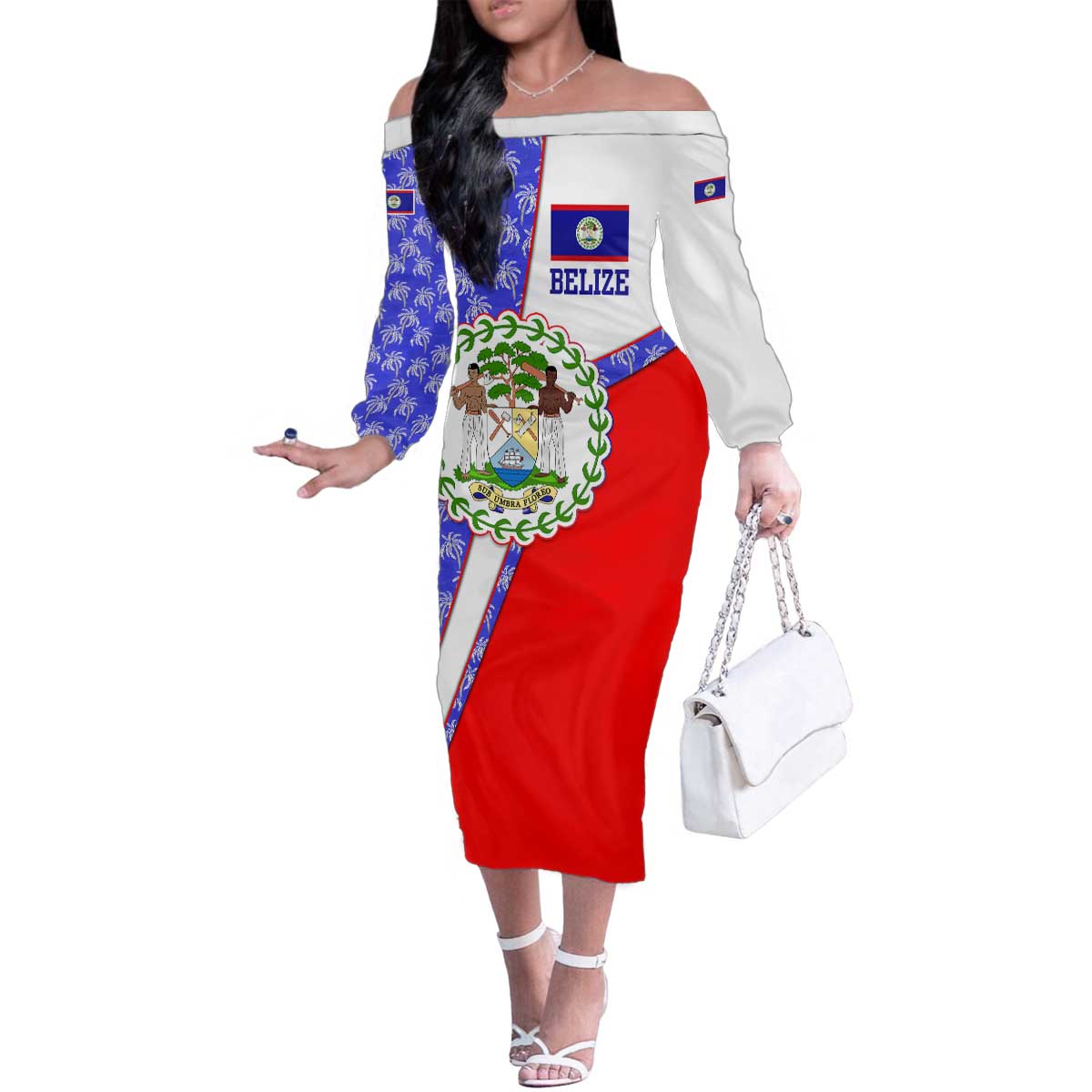 Belize Coat of Arms Family Matching Off The Shoulder Long Sleeve Dress and Hawaiian Shirt with Palm Pattern and Split Red Blue Design