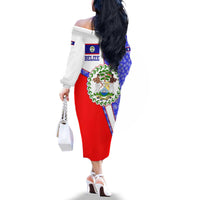 Belize Coat of Arms Family Matching Off The Shoulder Long Sleeve Dress and Hawaiian Shirt with Palm Pattern and Split Red Blue Design