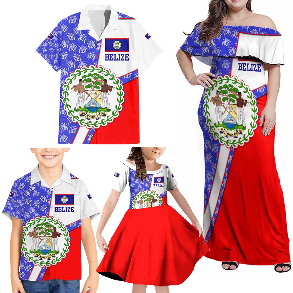Belize Coat of Arms Family Matching Off Shoulder Maxi Dress and Hawaiian Shirt with Palm Pattern and Split Red Blue Design