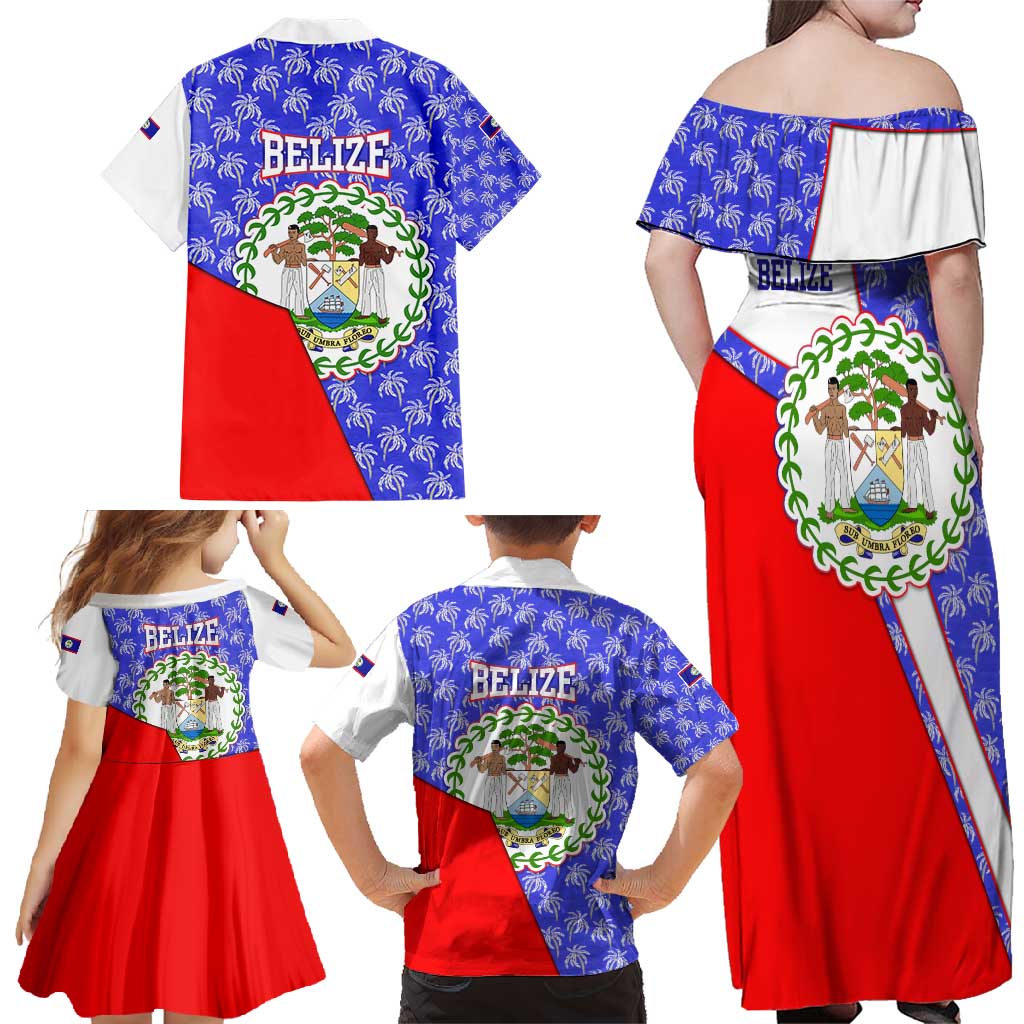 Belize Coat of Arms Family Matching Off Shoulder Maxi Dress and Hawaiian Shirt with Palm Pattern and Split Red Blue Design