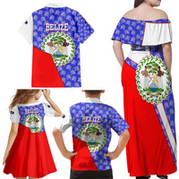 Belize Coat of Arms Family Matching Off Shoulder Maxi Dress and Hawaiian Shirt with Palm Pattern and Split Red Blue Design