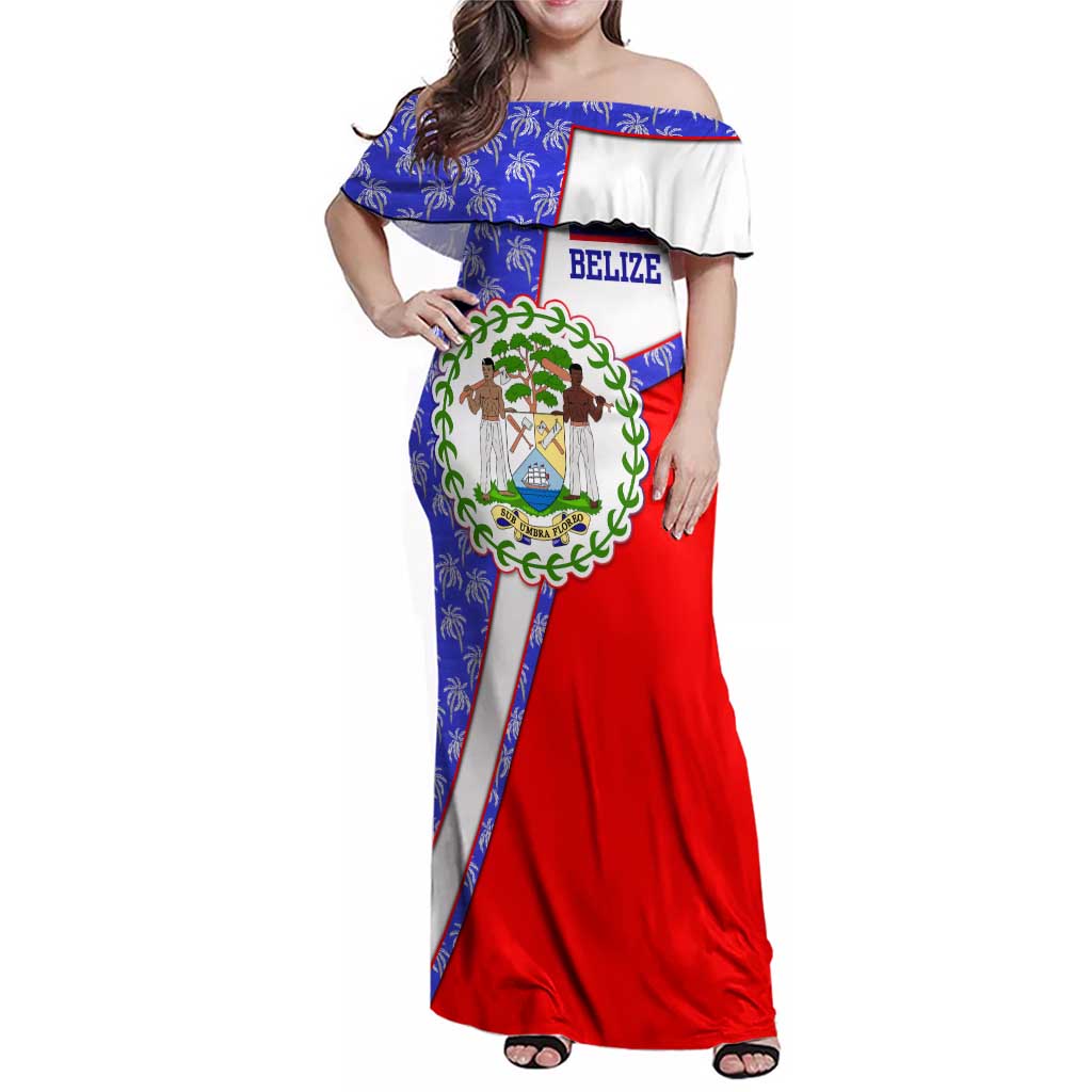 Belize Coat of Arms Family Matching Off Shoulder Maxi Dress and Hawaiian Shirt with Palm Pattern and Split Red Blue Design