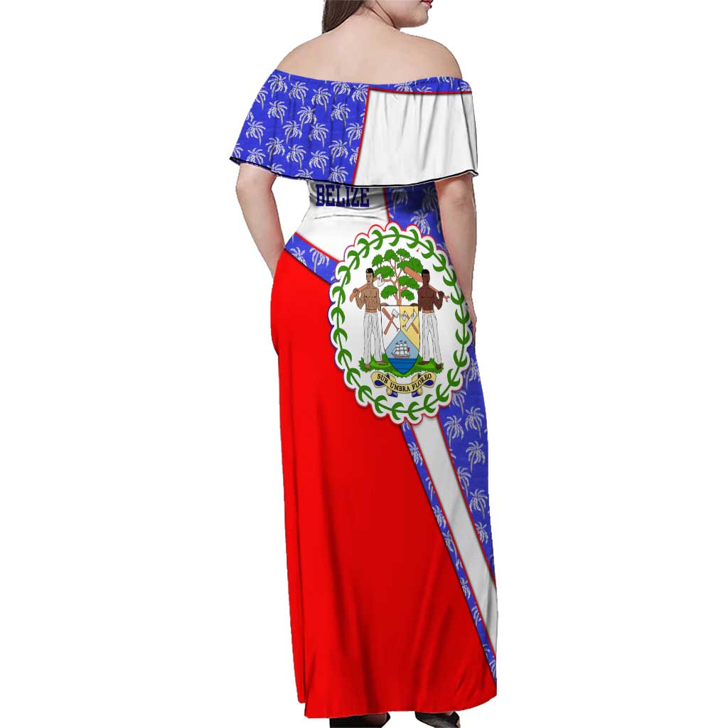 Belize Coat of Arms Family Matching Off Shoulder Maxi Dress and Hawaiian Shirt with Palm Pattern and Split Red Blue Design
