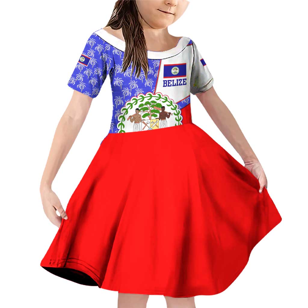 Belize Coat of Arms Family Matching Off Shoulder Short Dress and Hawaiian Shirt with Palm Pattern and Split Red Blue Design