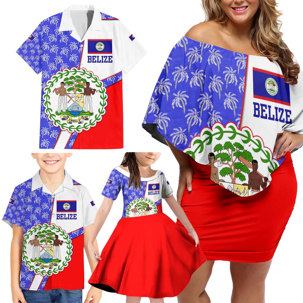 Belize Coat of Arms Family Matching Off Shoulder Short Dress and Hawaiian Shirt with Palm Pattern and Split Red Blue Design