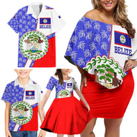 Belize Coat of Arms Family Matching Off Shoulder Short Dress and Hawaiian Shirt with Palm Pattern and Split Red Blue Design
