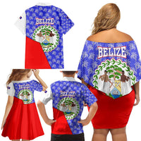 Belize Coat of Arms Family Matching Off Shoulder Short Dress and Hawaiian Shirt with Palm Pattern and Split Red Blue Design
