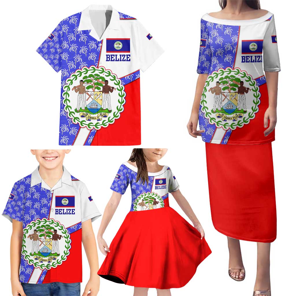 Belize Coat of Arms Family Matching Puletasi and Hawaiian Shirt with Palm Pattern and Split Red Blue Design