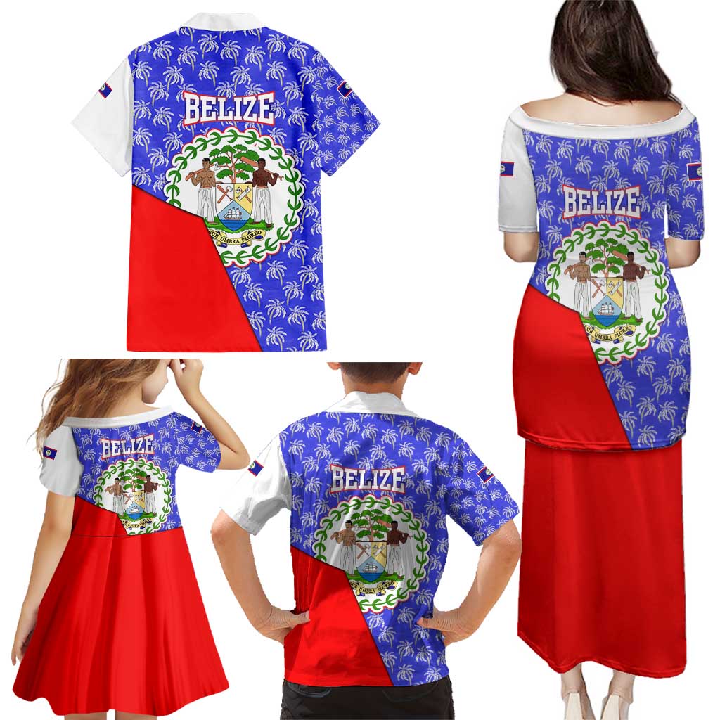 Belize Coat of Arms Family Matching Puletasi and Hawaiian Shirt with Palm Pattern and Split Red Blue Design