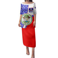 Belize Coat of Arms Family Matching Puletasi and Hawaiian Shirt with Palm Pattern and Split Red Blue Design