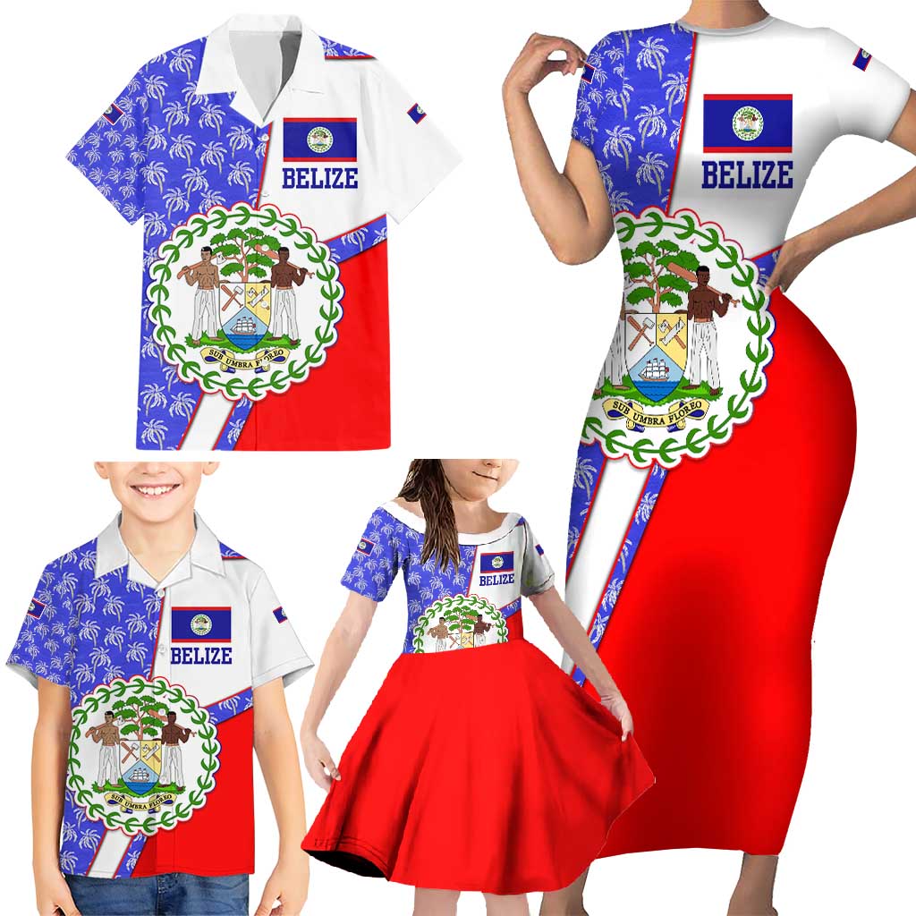 Belize Coat of Arms Family Matching Short Sleeve Bodycon Dress and Hawaiian Shirt with Palm Pattern and Split Red Blue Design