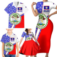 Belize Coat of Arms Family Matching Short Sleeve Bodycon Dress and Hawaiian Shirt with Palm Pattern and Split Red Blue Design