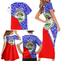 Belize Coat of Arms Family Matching Short Sleeve Bodycon Dress and Hawaiian Shirt with Palm Pattern and Split Red Blue Design