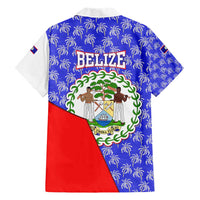 Belize Coat of Arms Family Matching Short Sleeve Bodycon Dress and Hawaiian Shirt with Palm Pattern and Split Red Blue Design