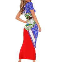 Belize Coat of Arms Family Matching Short Sleeve Bodycon Dress and Hawaiian Shirt with Palm Pattern and Split Red Blue Design