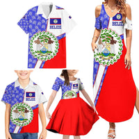 Belize Coat of Arms Family Matching Summer Maxi Dress and Hawaiian Shirt with Palm Pattern and Split Red Blue Design