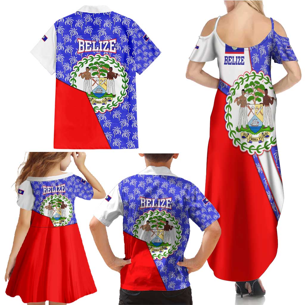 Belize Coat of Arms Family Matching Summer Maxi Dress and Hawaiian Shirt with Palm Pattern and Split Red Blue Design