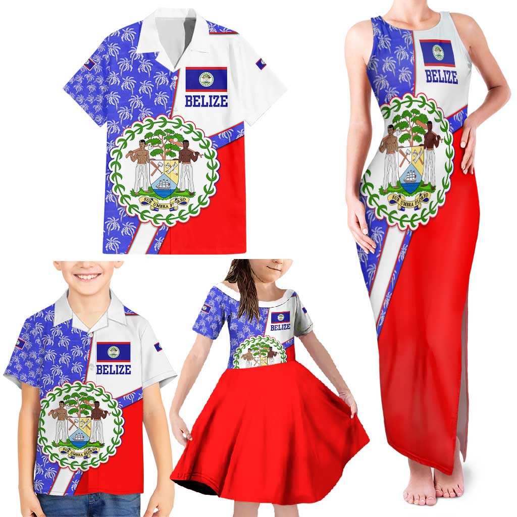 Belize Coat of Arms Family Matching Tank Maxi Dress and Hawaiian Shirt with Palm Pattern and Split Red Blue Design