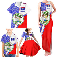 Belize Coat of Arms Family Matching Tank Maxi Dress and Hawaiian Shirt with Palm Pattern and Split Red Blue Design