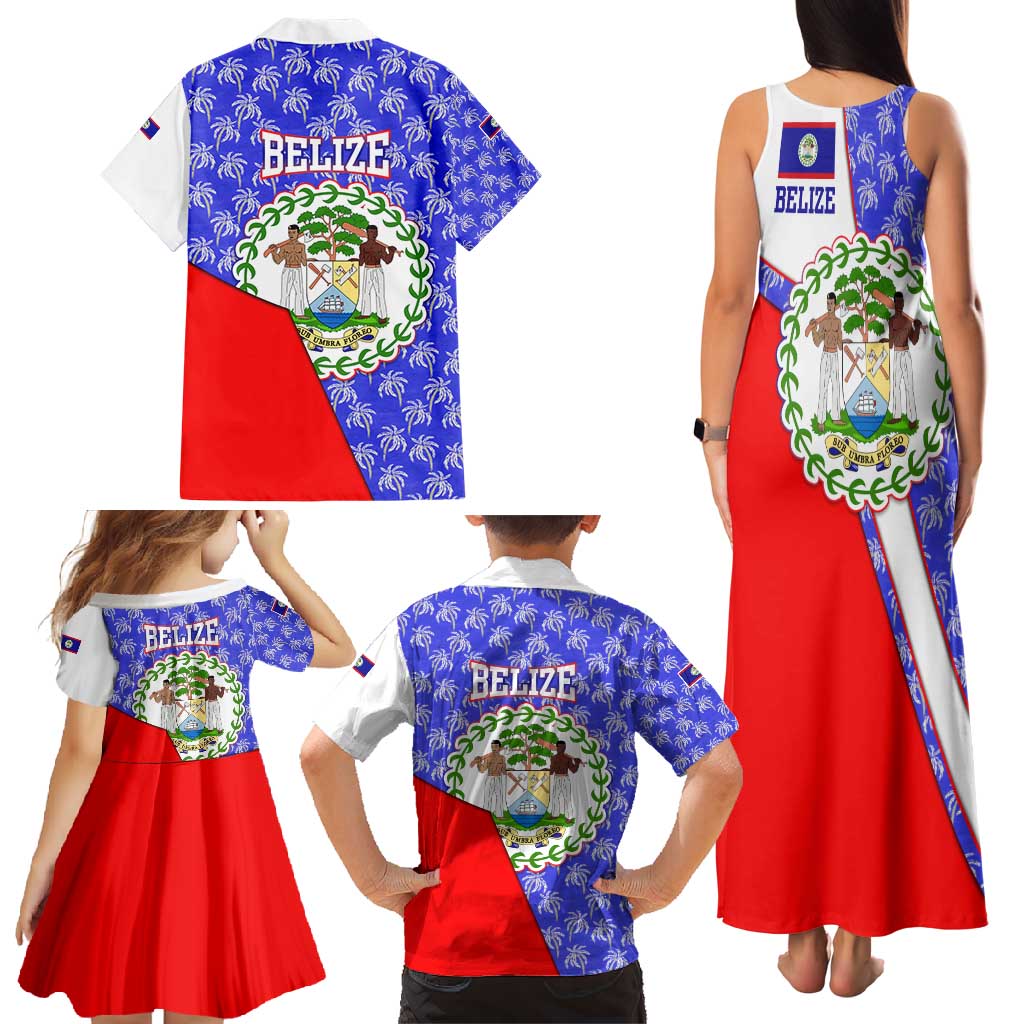 Belize Coat of Arms Family Matching Tank Maxi Dress and Hawaiian Shirt with Palm Pattern and Split Red Blue Design