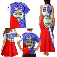 Belize Coat of Arms Family Matching Tank Maxi Dress and Hawaiian Shirt with Palm Pattern and Split Red Blue Design