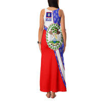 Belize Coat of Arms Family Matching Tank Maxi Dress and Hawaiian Shirt with Palm Pattern and Split Red Blue Design