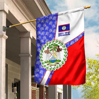 Belize Coat of Arms Garden Flag with Palm Pattern and Split Red Blue Design