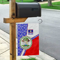 Belize Coat of Arms Garden Flag with Palm Pattern and Split Red Blue Design