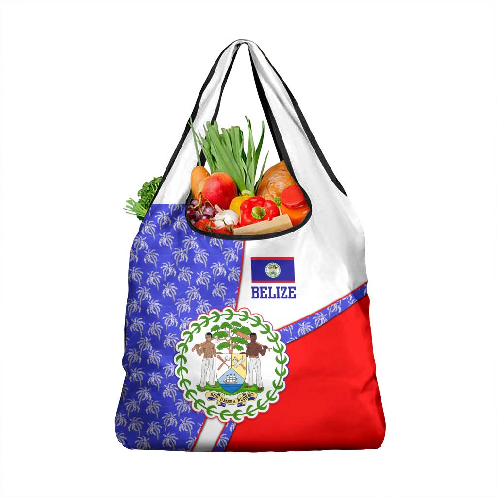 Belize Coat of Arms Grocery Bag with Palm Pattern and Split Red Blue Design