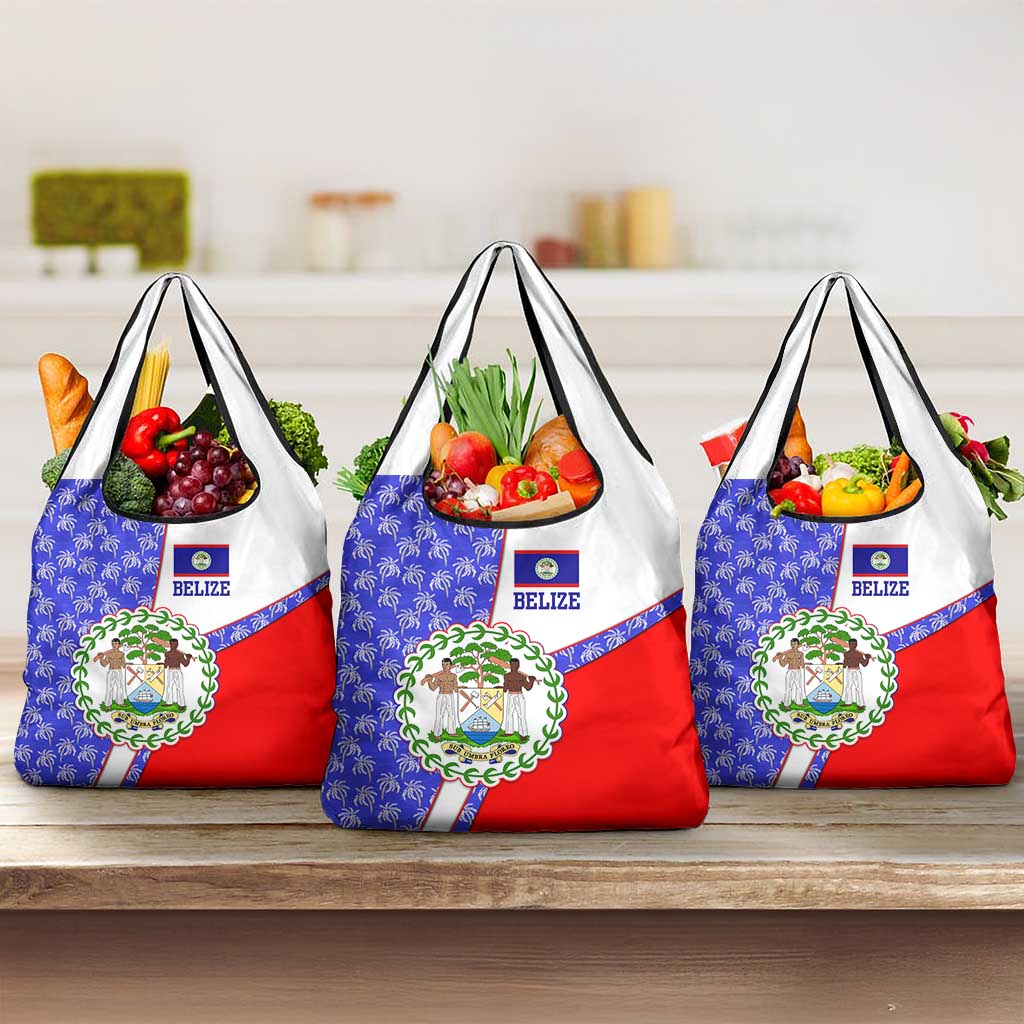 Belize Coat of Arms Grocery Bag with Palm Pattern and Split Red Blue Design