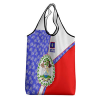 Belize Coat of Arms Grocery Bag with Palm Pattern and Split Red Blue Design