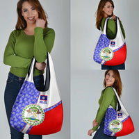 Belize Coat of Arms Grocery Bag with Palm Pattern and Split Red Blue Design