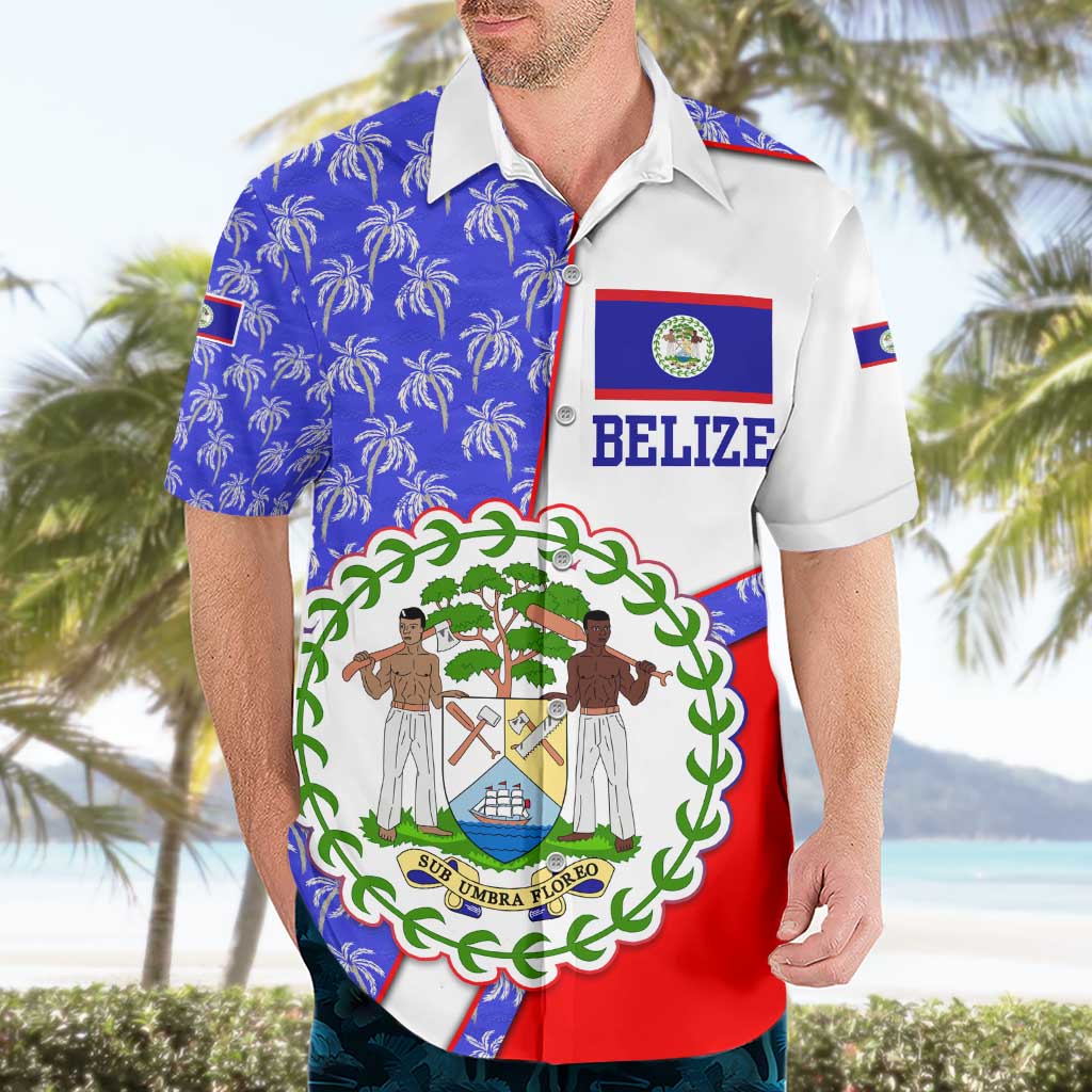 Belize Coat of Arms Hawaiian Shirt with Palm Pattern and Split Red Blue Design