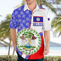 Belize Coat of Arms Hawaiian Shirt with Palm Pattern and Split Red Blue Design