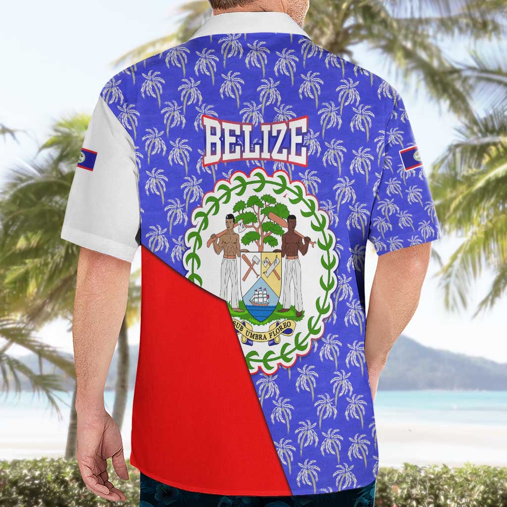 Belize Coat of Arms Hawaiian Shirt with Palm Pattern and Split Red Blue Design