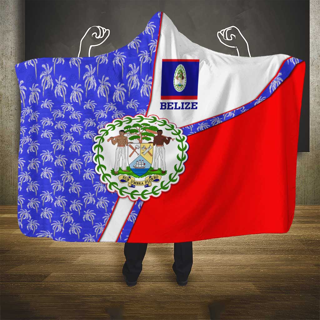 Belize Coat of Arms Hooded Blanket with Palm Pattern and Split Red Blue Design
