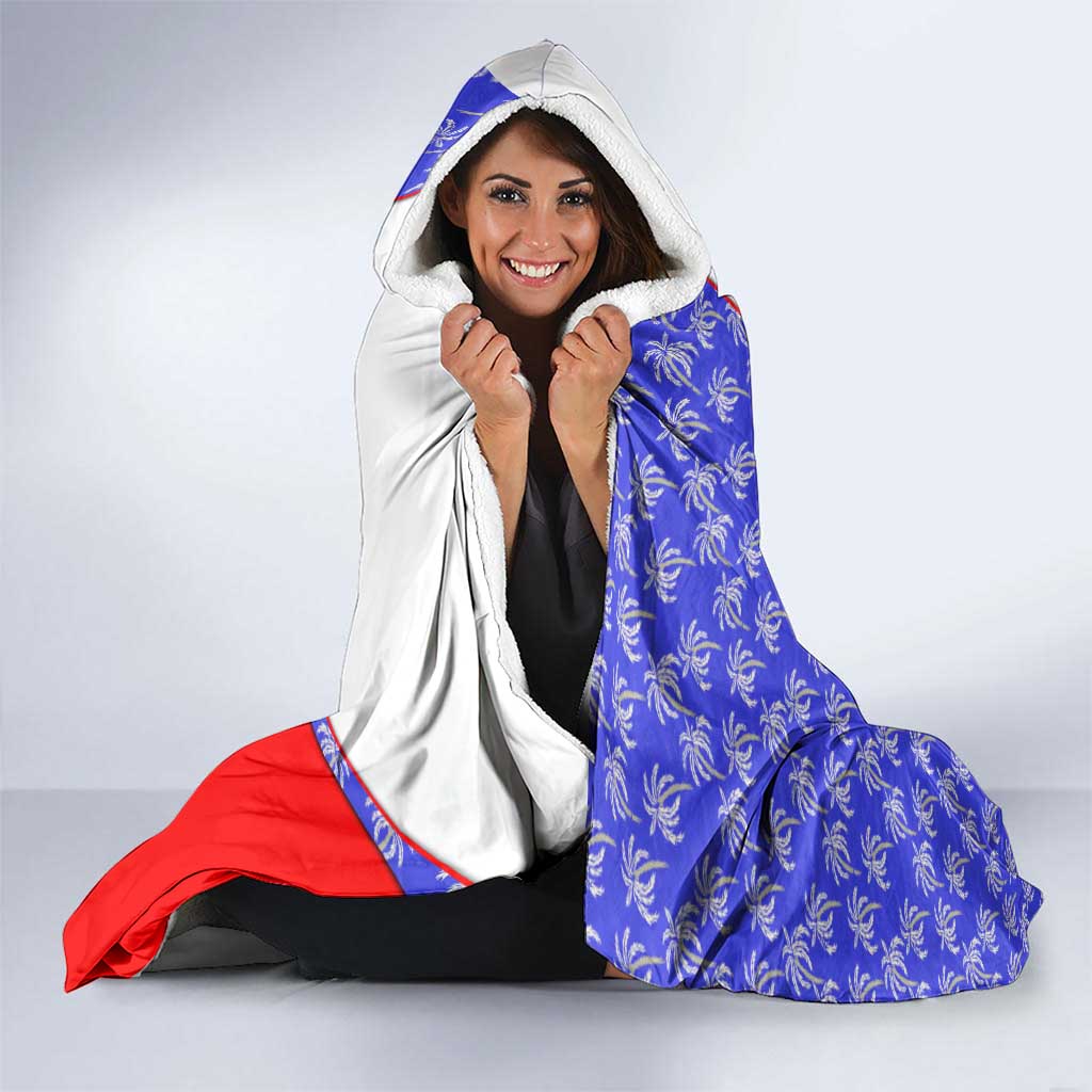 Belize Coat of Arms Hooded Blanket with Palm Pattern and Split Red Blue Design