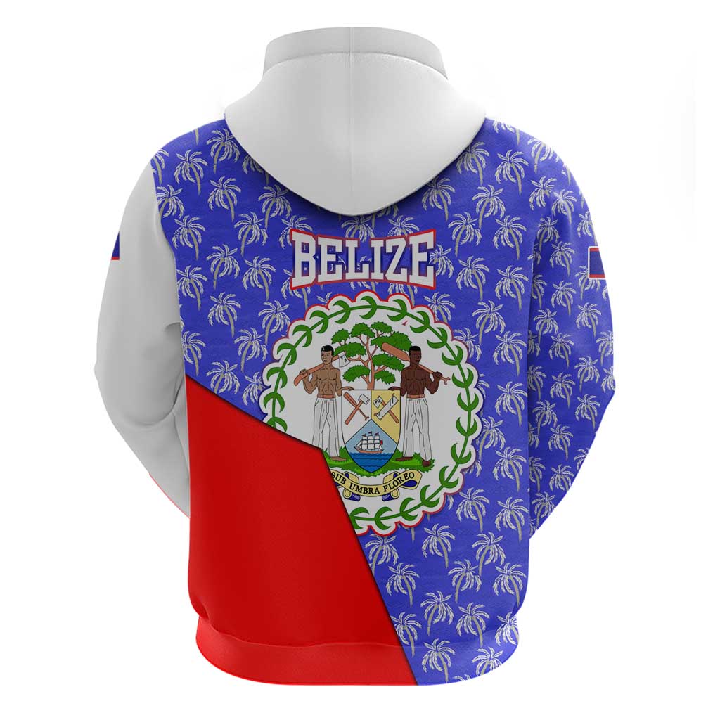 Belize Coat of Arms Hoodie with Palm Pattern and Split Red Blue Design