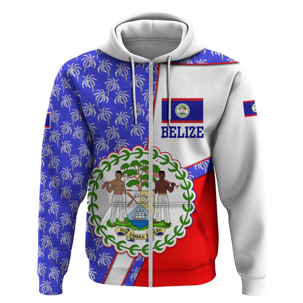 Belize Coat of Arms Hoodie with Palm Pattern and Split Red Blue Design