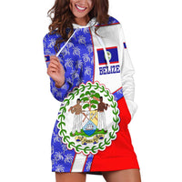 Belize Coat of Arms Hoodie Dress with Palm Pattern and Split Red Blue Design