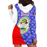 Belize Coat of Arms Hoodie Dress with Palm Pattern and Split Red Blue Design