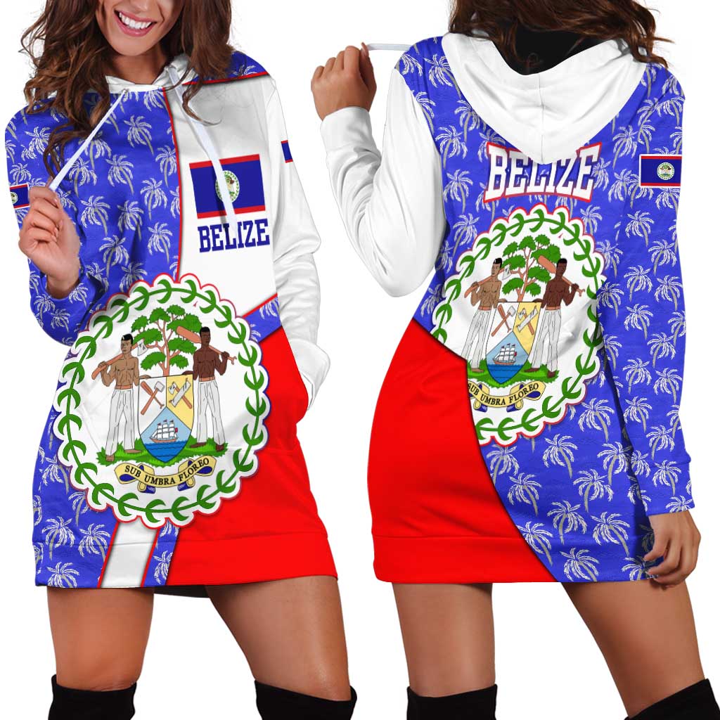 Belize Coat of Arms Hoodie Dress with Palm Pattern and Split Red Blue Design