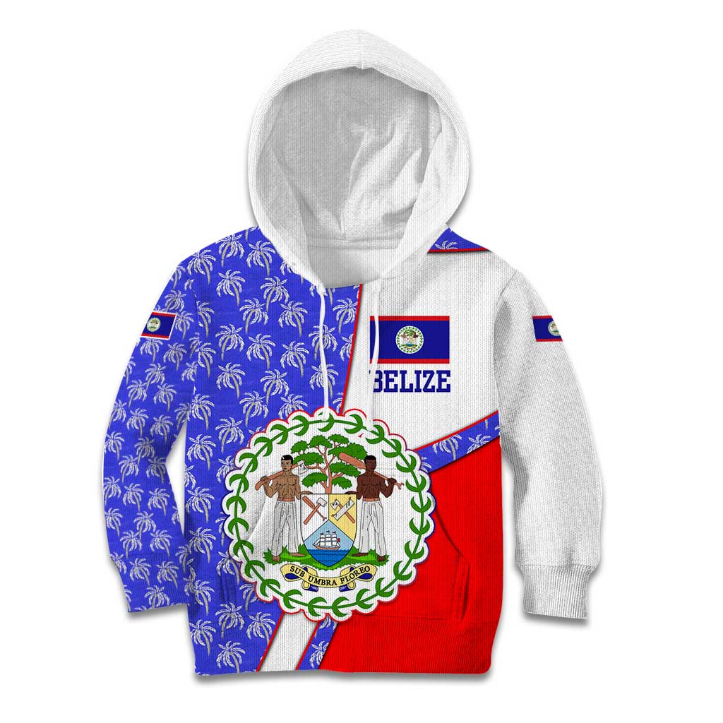 Belize Coat of Arms Kid Hoodie with Palm Pattern and Split Red Blue Design